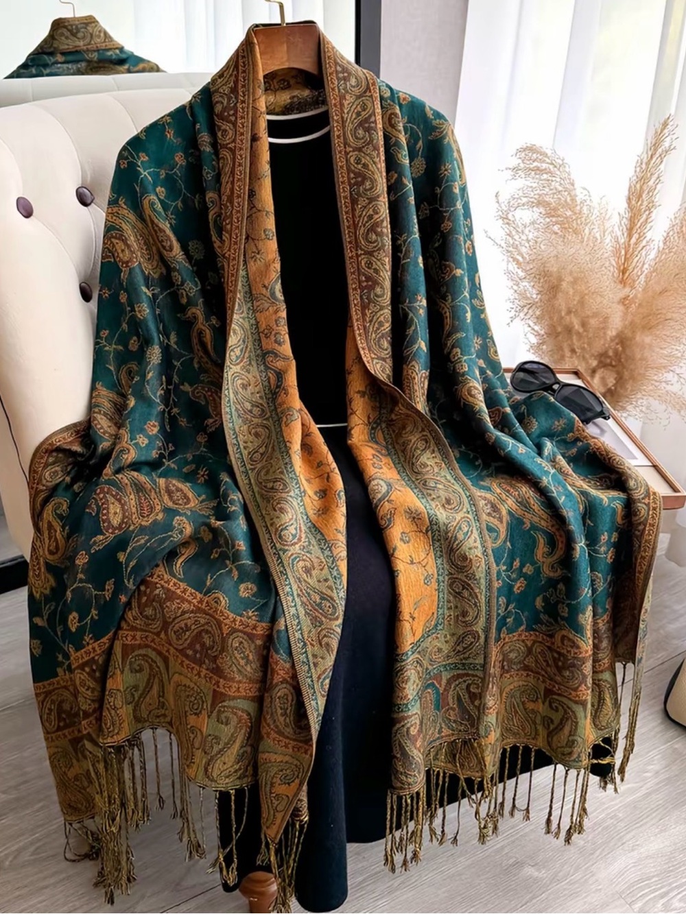Teal Paisley Fringe Wrap with Mustard Accents